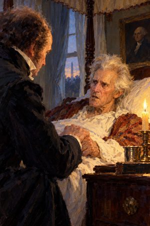 Painting: a sick Andrew Jackson tells Van Buren the bank is trying to kill him, but I will kill it, July 1832