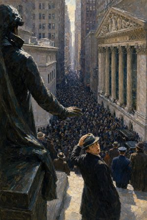 Painting: a clerk on the Federal Hall steps looks back as crowds fill Broad Street, Black Tuesday, New York, 29 October 1929