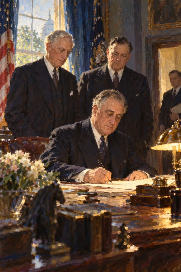 Painting: Franklin D. Roosevelt signs the Banking Act of 1933 at his desk, June 1933
