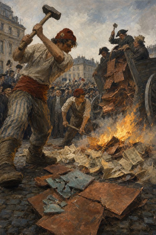 Painting: workmen smash and burn the assignat printing plates before a crowd, Place Vendome, Paris, February 1796