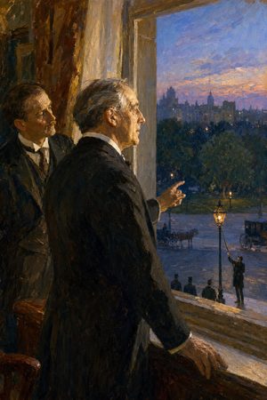 Painting: Sir Edward Grey watches the lamps being lit over St James's Park, London, 3 August 1914