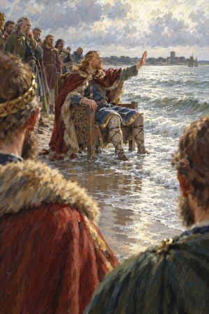 Painting: King Cnut sits at the tideline and commands the sea to halt, Bosham, about 1030