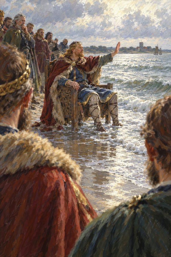 Painting: King Cnut sits at the tideline and commands the sea to halt, Bosham, about 1030