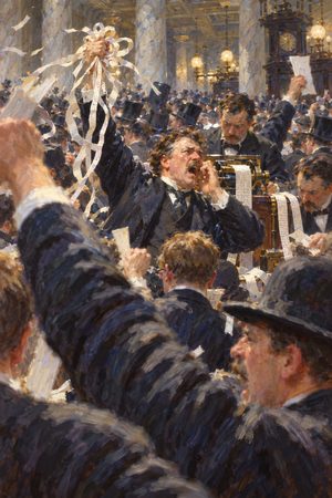 Painting: brokers surge in panic amid ticker tape on the New York Stock Exchange floor, Panic of 1893