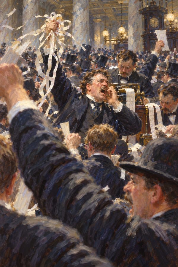 Painting: brokers surge in panic amid ticker tape on the New York Stock Exchange floor, Panic of 1893