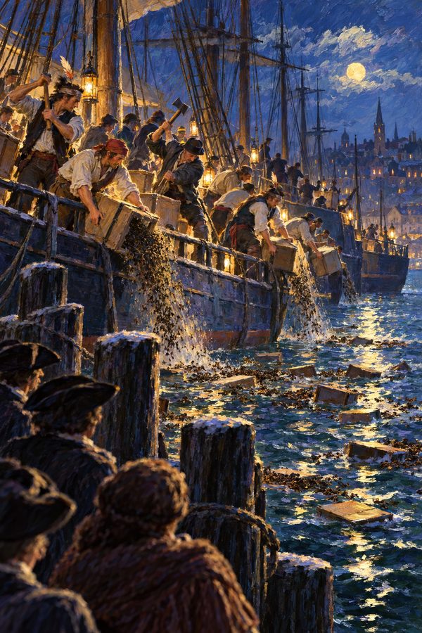 Painting: Sons of Liberty dump East India Company tea into Boston Harbor from Griffin's Wharf, December 1773