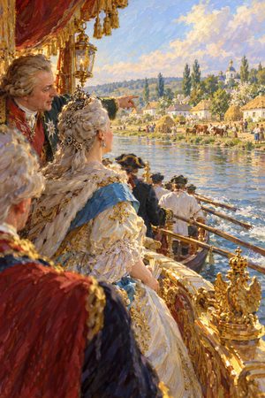 Painting: Catherine the Great views Potemkin's showpiece villages from her galley on the Dnieper, 1787