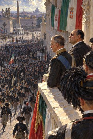 Painting: King Victor Emmanuel III and Mussolini review the Blackshirts from the Quirinal, Rome, 1 November 1922