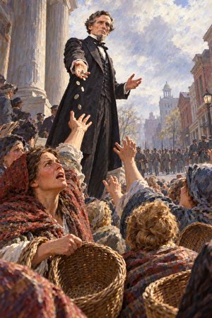 Painting: Jefferson Davis throws coins to rioting women during the Richmond Bread Riot, Virginia, April 1863