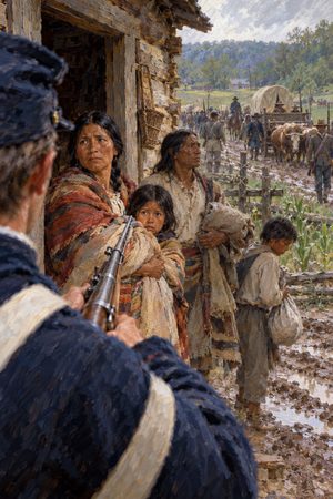 Painting: a US soldier orders a Cherokee family from their cabin in the Trail of Tears roundup, 1838