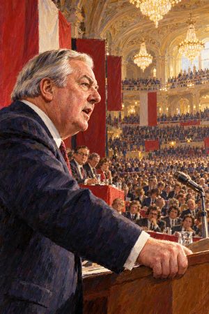 Painting: James Callaghan tells the Labour conference Britain cannot spend its way out of recession, Blackpool, 1976