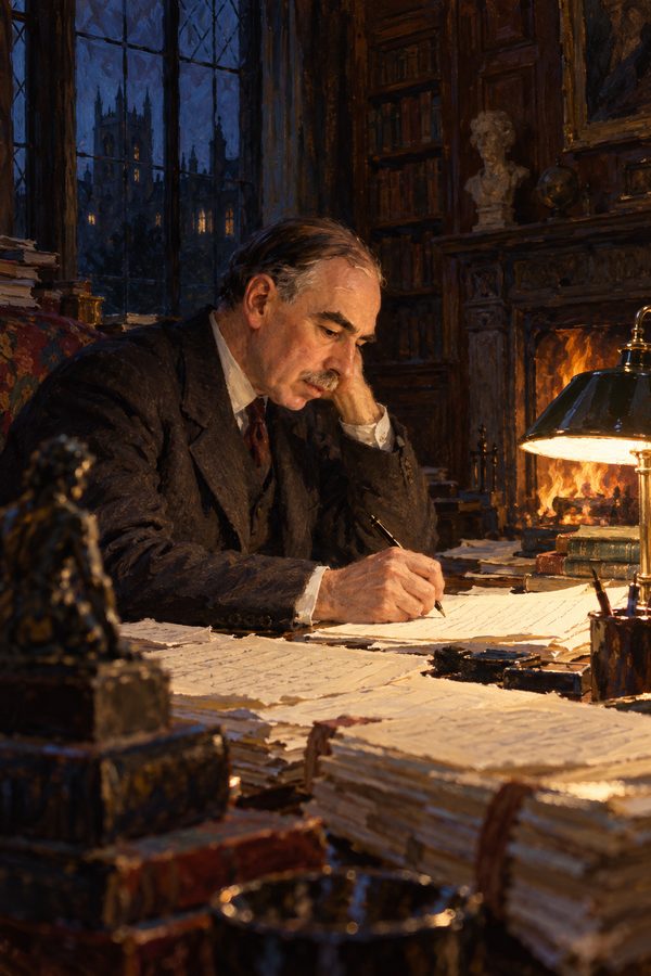 Painting: John Maynard Keynes finishing the General Theory manuscript by lamplight, Cambridge, 1935