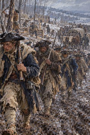Painting: the ragged, unpaid Continental Army marches into Valley Forge, 19 December 1777