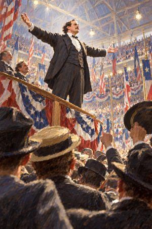 Painting: William Jennings Bryan ends his Cross of Gold speech, Chicago Coliseum, July 1896