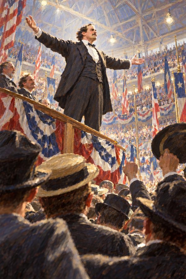 Painting: William Jennings Bryan ends his Cross of Gold speech, Chicago Coliseum, July 1896