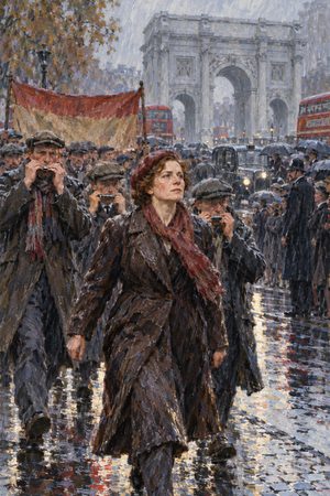 Painting: Ellen Wilkinson leads the Jarrow marchers past Marble Arch in the rain, London, 31 October 1936