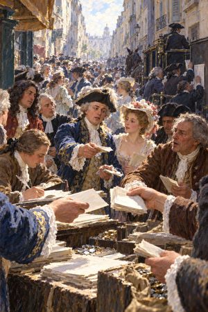 Painting: speculators trade John Law's Mississippi Company shares in the Rue Quincampoix, Paris, 1719