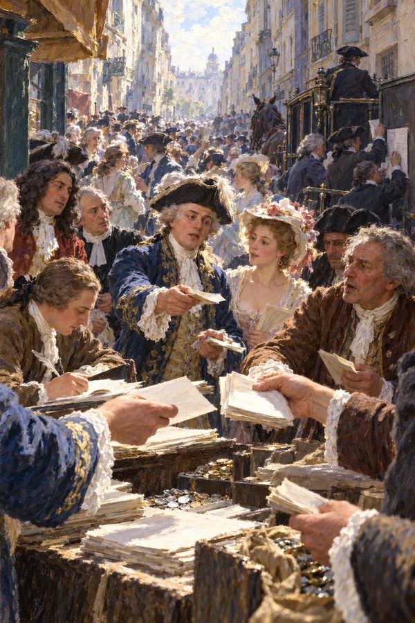 Painting: speculators trade John Law's Mississippi Company shares in the Rue Quincampoix, Paris, 1719