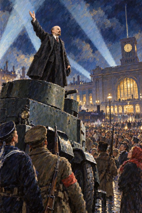 Painting: Lenin speaks from an armoured car to the crowd outside Finland Station, Petrograd, April 1917