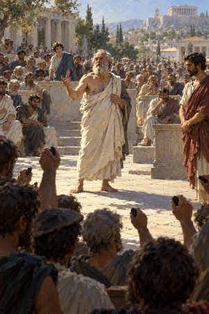 Painting: Socrates addresses the jurors at his trial, Athens, 399 BC, with young Plato among the listeners.