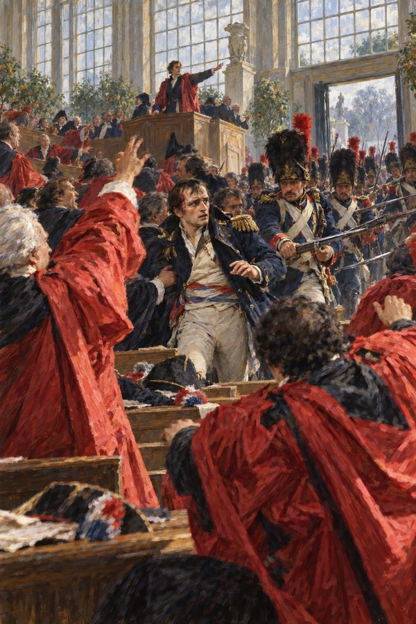 Painting: deputies mob Napoleon in the Orangerie of Saint-Cloud as grenadiers enter, 10 November 1799