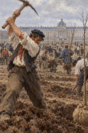 Painting: laborers of the National Workshops level the Champ de Mars, Paris, March 1848