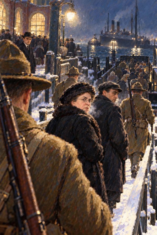 Painting: Emma Goldman is marched to the deportation barge in the snow, Ellis Island, 21 December 1919