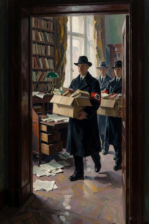 Painting: Nazi agents with swastika armbands carry Mises's papers out of his Vienna study, March 1938