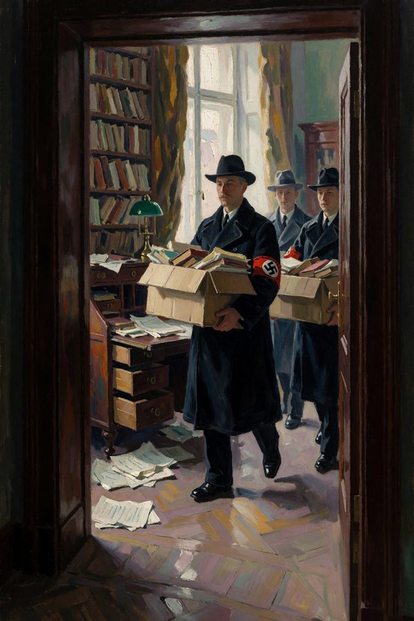 Painting: Nazi agents with swastika armbands carry Mises's papers out of his Vienna study, March 1938