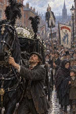 Painting: Leicester's 1885 march against compulsory vaccination, a hearse and banners in the street