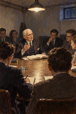 Painting: Ludwig von Mises leads his NYU graduate seminar, New York, early 1950s