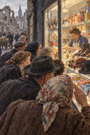 Painting: shoppers crowd newly stocked windows the day after the currency reform, West Germany, June 1948