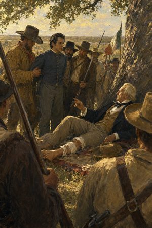 Painting: the captured Santa Anna is brought before the wounded Sam Houston at San Jacinto, 22 April 1836