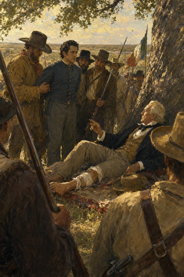 Painting: the captured Santa Anna is brought before the wounded Sam Houston at San Jacinto, 22 April 1836