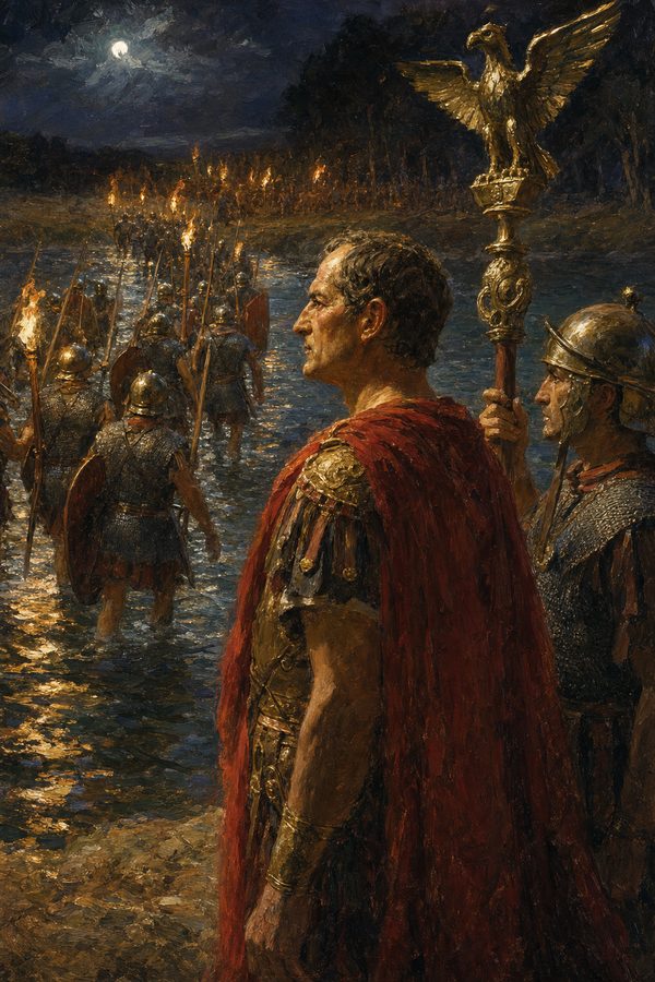 Painting: Julius Caesar beside the eagle-bearer as Legio XIII wades the Rubicon by torchlight, January 49 BC