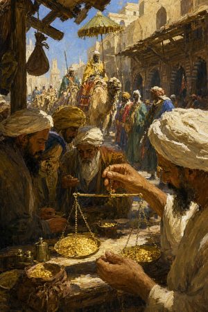 Painting: Cairo money-changers weigh West African gold as Mansa Musa's caravan passes, July 1324