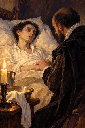 Painting: Montaigne keeps watch at the deathbed of Etienne de La Boetie, Germignan, August 1563