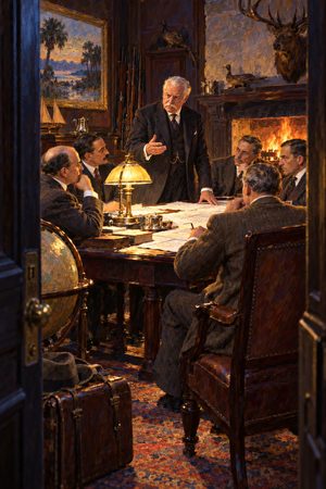 Painting: Senator Nelson Aldrich and bankers draft a central bank plan at the Jekyll Island Club, Georgia, 1910