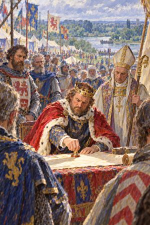 Painting: King John seals Magna Carta before the rebel barons at Runnymede, 15 June 1215