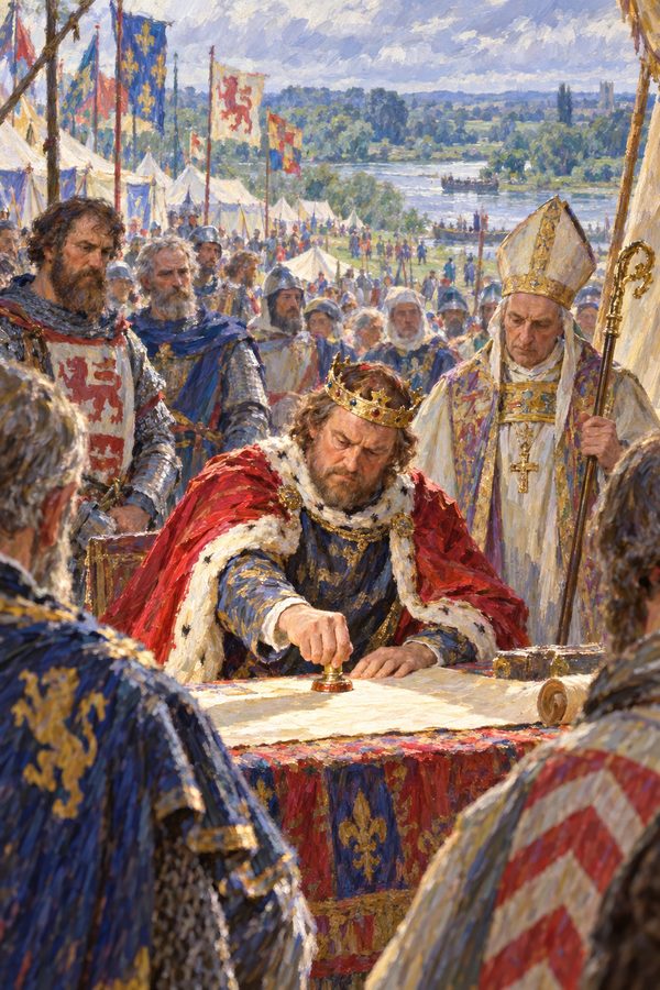 Painting: King John seals Magna Carta before the rebel barons at Runnymede, 15 June 1215
