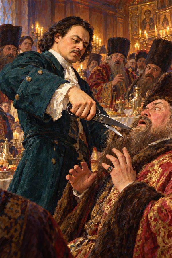 Painting: Peter the Great cuts off a boyar's beard on his return from Europe, Moscow, August 1698