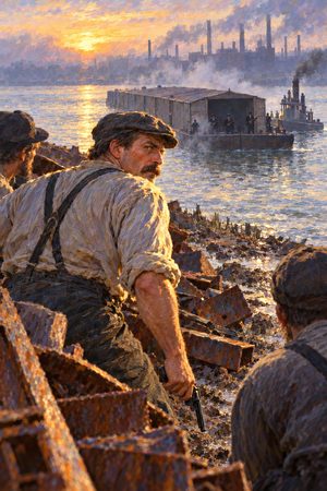 Painting: a Homestead striker behind scrap iron as a Pinkerton barge nears the Monongahela landing, July 1892