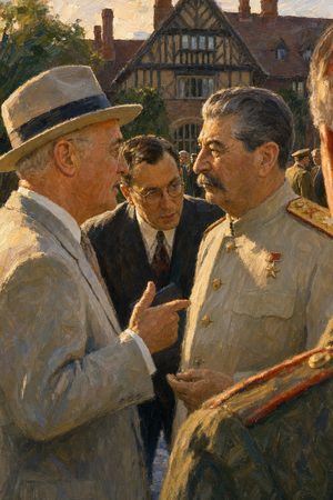 Painting: Truman tells Stalin of the new weapon through interpreter Pavlov, Cecilienhof, Potsdam, July 1945