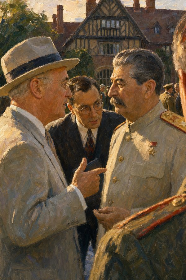 Painting: Truman tells Stalin of the new weapon through interpreter Pavlov, Cecilienhof, Potsdam, July 1945