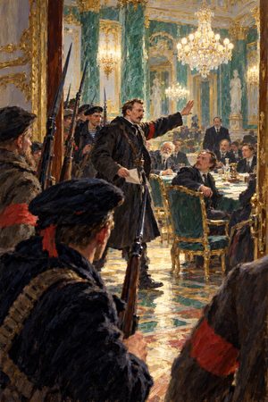 Painting: Antonov-Ovseenko bursts in to arrest the Provisional Government, Winter Palace, October 1917
