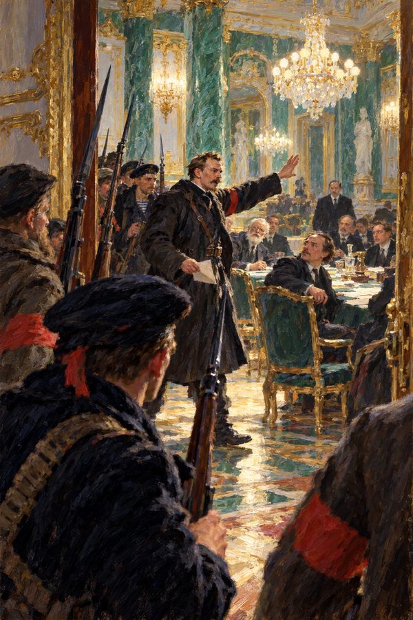 Painting: Antonov-Ovseenko bursts in to arrest the Provisional Government, Winter Palace, October 1917