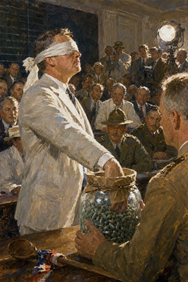 Painting: blindfolded Secretary of War Newton Baker draws the first draft number, Washington, 20 July 1917