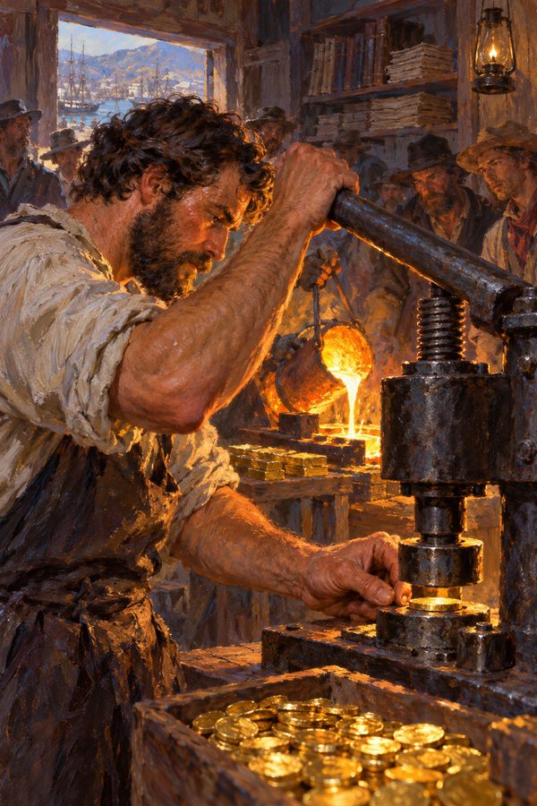 Painting: a coiner strikes private gold coins at a San Francisco assay office, Gold Rush, 1850