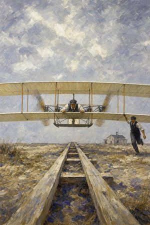 Painting: the Wright Flyer lifts off its launch rail head-on, Orville at the controls, Wilbur at the wingtip, 17 Dec 1903