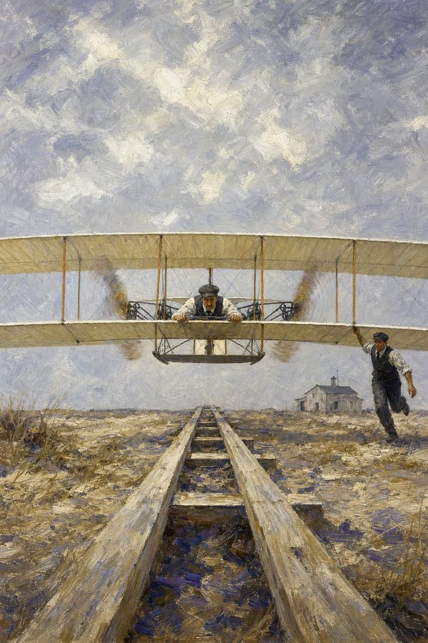 Painting: the Wright Flyer lifts off its launch rail head-on, Orville at the controls, Wilbur at the wingtip, 17 Dec 1903